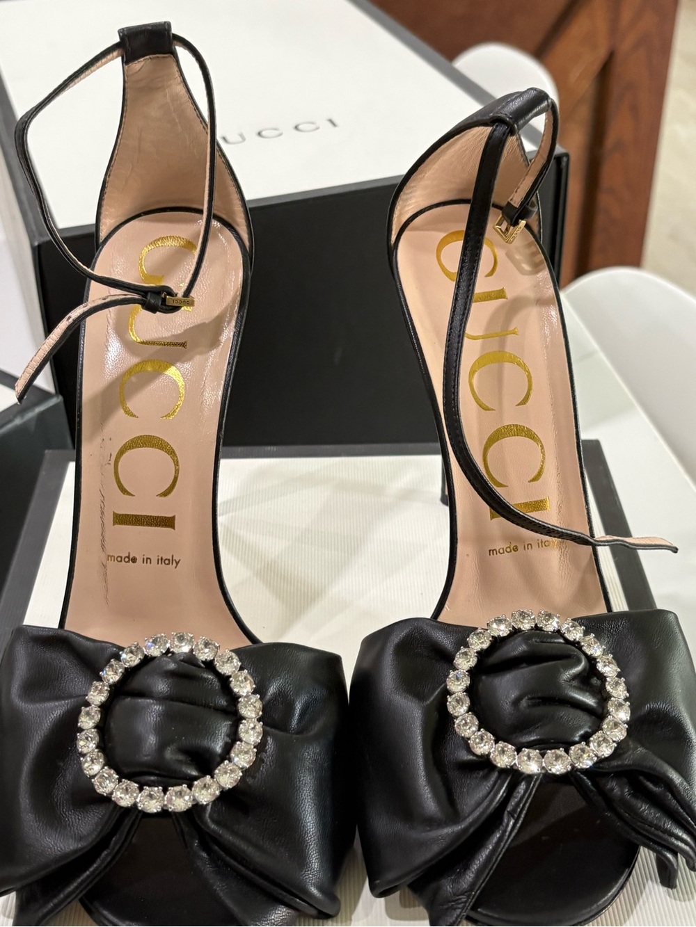 Gucci Black Leather Slingback Heels with Crystal Circle Buckle Bow